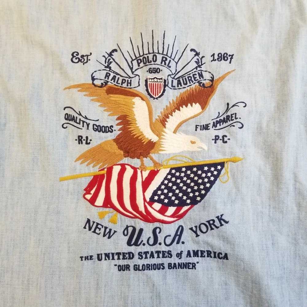 Polo Ralph Lauren Shirt Mens M Blue Denim Embroidered Eagle Brave American Flag